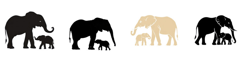 Obraz premium Minimalist graphic of an African elephant family silhouette in a natural savanna landscape Black and white design with a mother and baby elephants