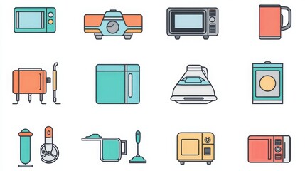 Home Appliances thin line icon set. such as vacuum cleaner, refrigerator, washing machine, microwave oven, air conditioner, television