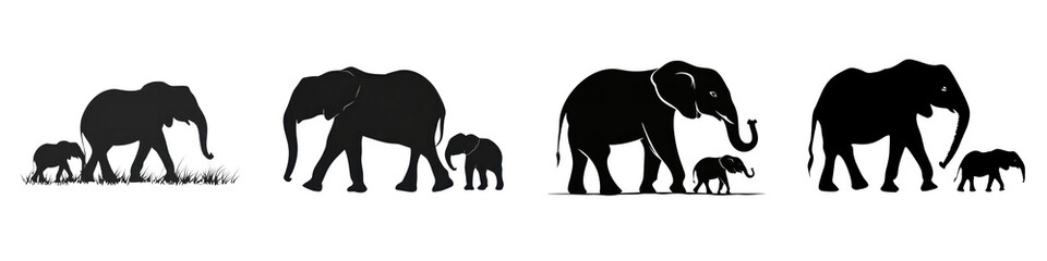 Fototapeta premium Silhouette of a herd of elephants walking through a grassy field or savanna landscape The elephants are shown in a minimalist black and white design