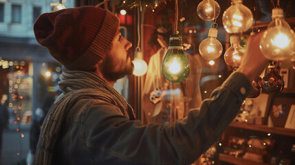 Naklejka premium Man Admiring Decorative Lights in a Cozy Shop