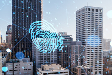 Digital fingerprint overlay on San Francisco skyline buildings.