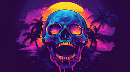 Original vector illustration in neon retro style featuring an abstract skull with an open jaw, accompanied by a sunset and palm trees. Original design intended for t-shirt print