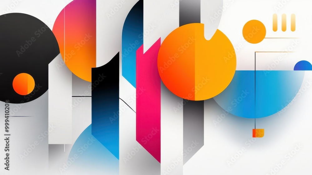 Poster geometric abstract pattern with vibrant, overlapping shapes in primary colors. clean lines and symme