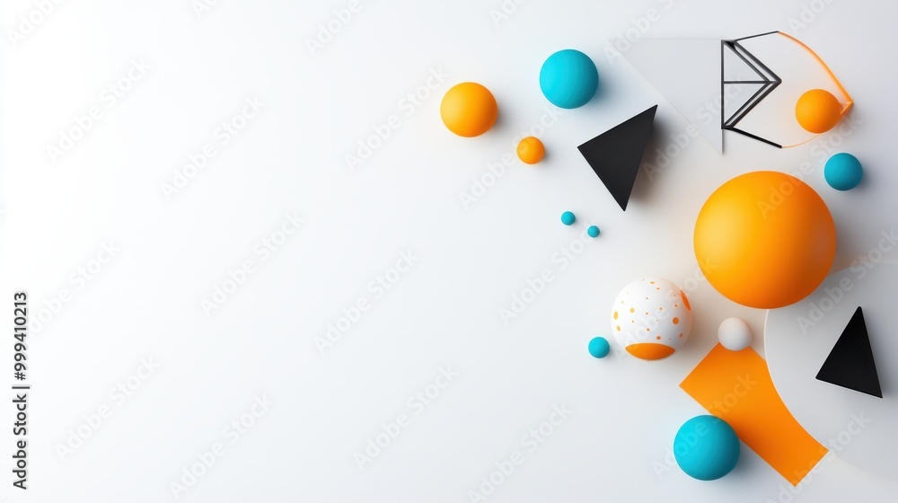 Poster geometric shapes creatively arranged on a plain white background, creating a dynamic yet minimalist 
