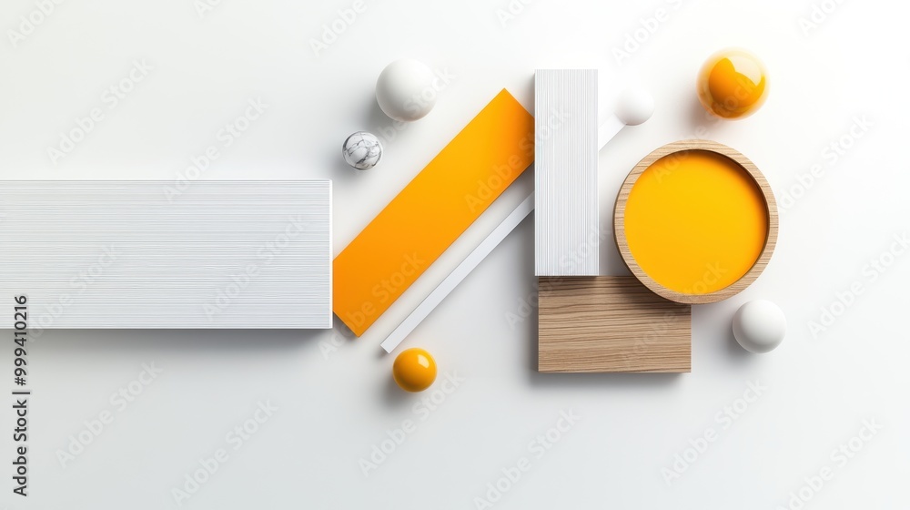 Poster geometric shapes creatively arranged on a plain white background, creating a dynamic yet minimalist 