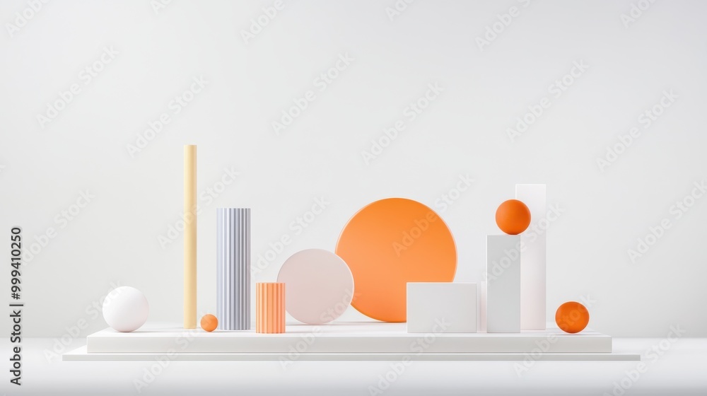 Poster geometric shapes creatively arranged on a plain white background, creating a dynamic yet minimalist 