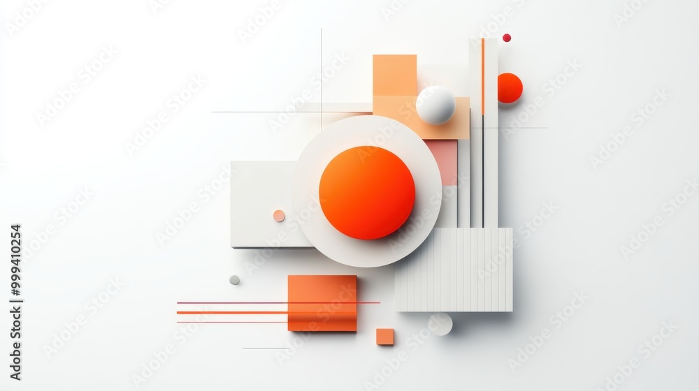 Poster geometric shapes creatively arranged on a plain white background, creating a dynamic yet minimalist 