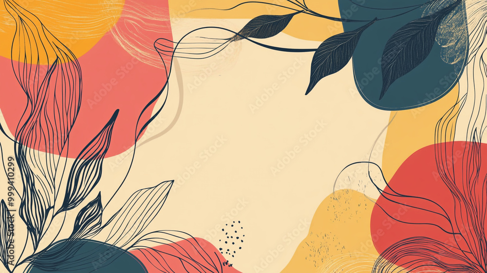 Aufkleber abstract artwork featuring colorful shapes and botanical elements on a soft cream background