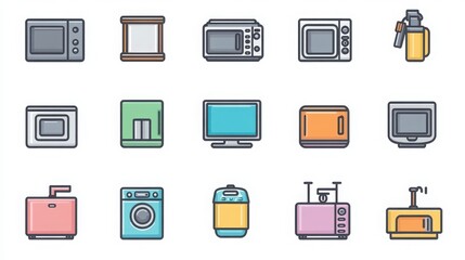 Home Appliances thin line icon set. such as vacuum cleaner, refrigerator, washing machine, microwave oven, air conditioner, television