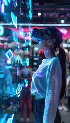 Obraz premium Futuristic Virtual Shopping Experience with High-Tech Virtual Assistant and Holographic Displays