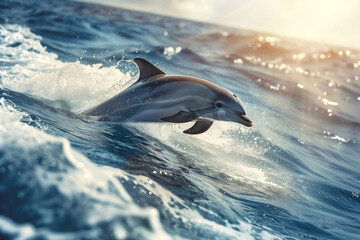 Fototapeta premium Dolphin Leaping Out of Ocean Waves in Sunlight