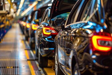 A line of cars are being manufactured in a factory, generative ai image