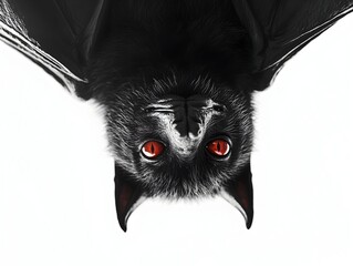 Fototapeta premium Mysterious Vampire Bat with Piercing Red Eyes Hanging Upside Down in Minimalist Studio Setting