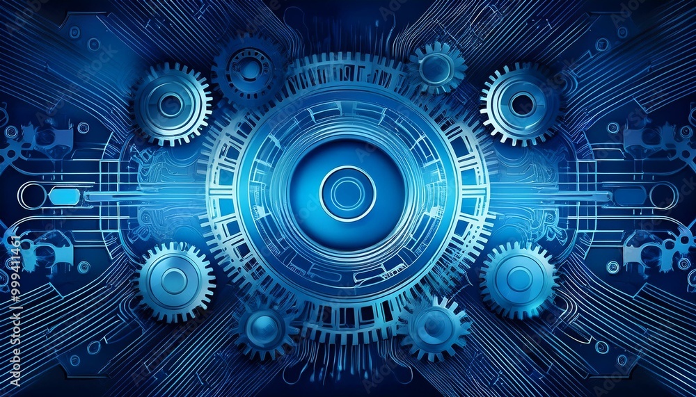 Poster abstract blue digital technology background with gears and cogs, dark color palette generative ai