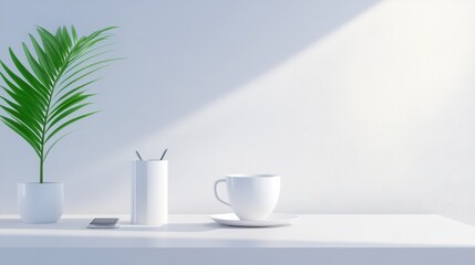 Fototapeta premium Minimalistic office items on a plain white surface, illuminated by natural window light for a fresh feel.