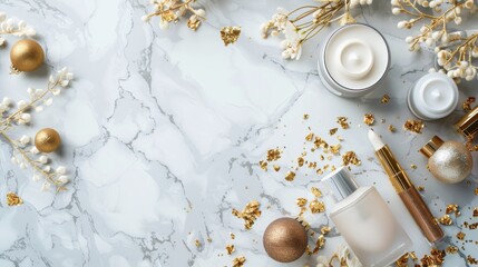 Luxurious Cyber Monday Beauty Banner with High End Skincare and Makeup on Marble Background