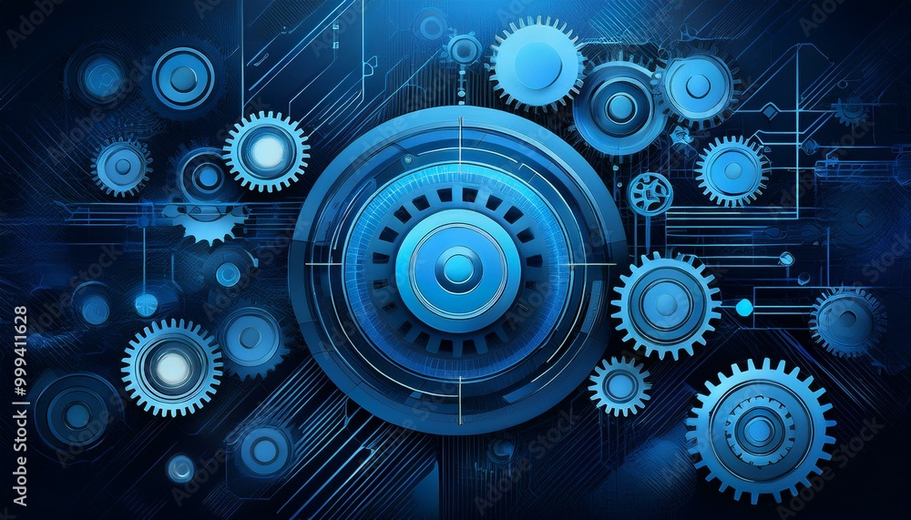 Poster abstract blue digital technology background with gears and cogs, dark color palette generative ai