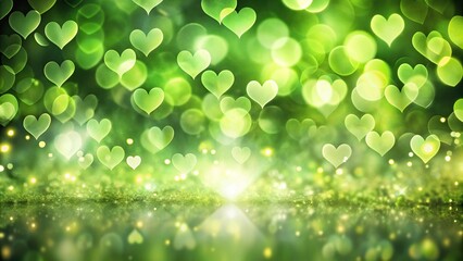 abstract background with bokeh and green hearts reflected
