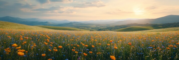 Vibrant wildflower hills under a gently blurred sky, showcasing the beauty of nature's colorful tapestry and serene tranquility