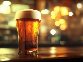 A glass of beer with foam, set against a warm, blurred background.