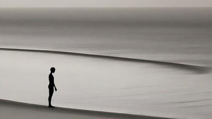 A black shadow stands on the beach. The atmosphere is lonely and sad, reminding me of my old lover.