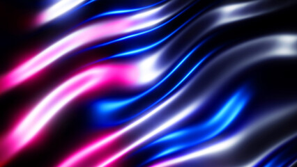 Abstract 3d wavy background,  purple blue waves on black background, liquid metallic silk pattern illustration.
