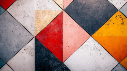 Colorful geometric tiles create a vibrant pattern on a wall in a modern interior space