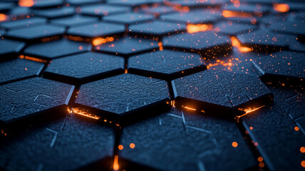 Obraz premium Hexagonal tiles glow with fiery sparks in a dark, abstract environment during the night