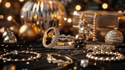 Luxurious Holiday Jewelry Display for Cyber Monday Featuring Sparkling Gold and Diamond Pieces