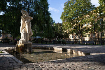 Stockholm, Sweden - 23rd of July 2023. A statue in a park in a residential area of Stockholm,...