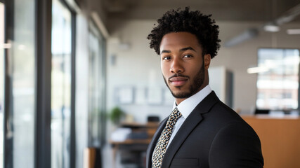 man with Afro-American features, and short, neatly styled curly hair. He is standing confidently in a sleek, modern law office, the background includes law books, a polished wooden desk