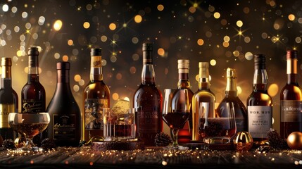 Luxurious Cyber Monday Wine and Whiskey Promotional Banner with Premium Bottles and Golden Sparkles