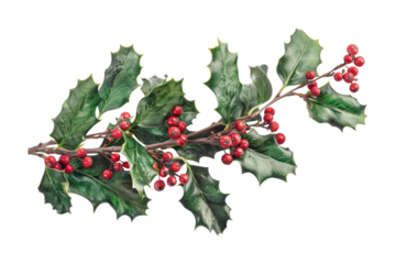 Boughs of holly for decoration Christmas isolated on transparent background.