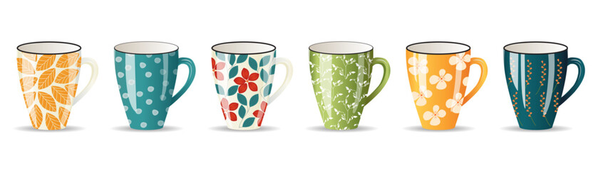 Set of colored ceramic mugs.; Colored cups isolated on white background. Coffee; tea; drinks.