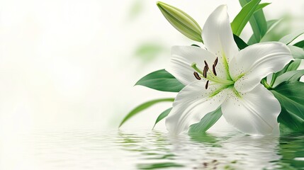 Obraz premium Horizontal Perfume Lily Flower with Green Leaves and Water Reflection on White Background for Spa and Health Concept Design in Banners and Posters