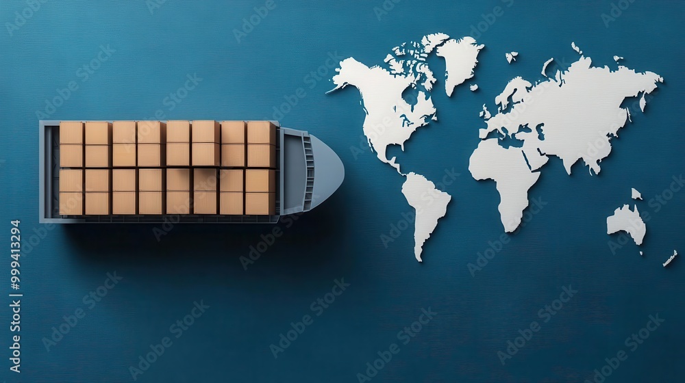 Wall mural a top-down view of a shipping container on a blue background, beside a world map silhouette, represe