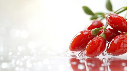 Horizontal Fresh Goji Berries with Water Droplets and Reflection on White Background for Skincare, Anti-Aging, and Health Concept in Banners and Posters