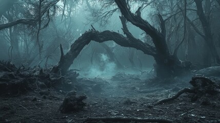 Eerie forest decoration creates a haunting ambiance