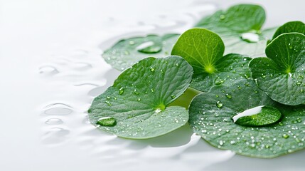 Horizontal Cluster of Centella Asiatica Leaves with Water Droplets and Reflection on White Background for Skincare, Rejuvenation, and Health Concept in Banners and Posters