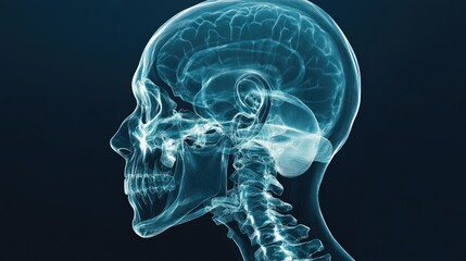 X-ray head scan, showing cranium and facial bones, 3D illustration 