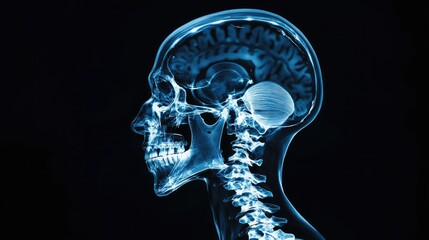 X-ray head scan, showing cranium and facial bones, 3D illustration 