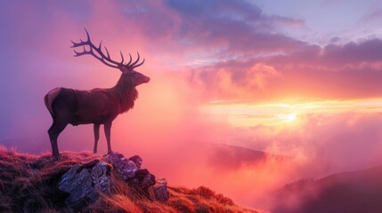Majestic Stag Silhouetted Against a Vibrant Sunrise on a Misty Hilltop