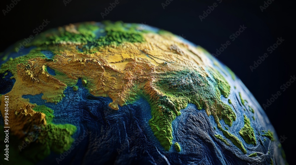 Poster a detailed 3d rendering of a globe, highlighting different terrains and environments in an artistic 