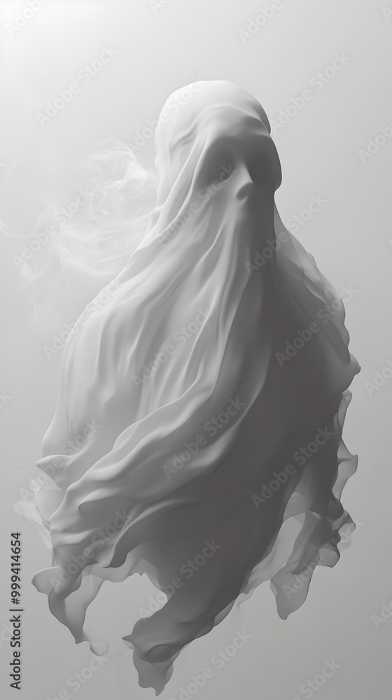 Poster spectral apparition ghostly figure emitting otherworldly luminescence in moody studio setting