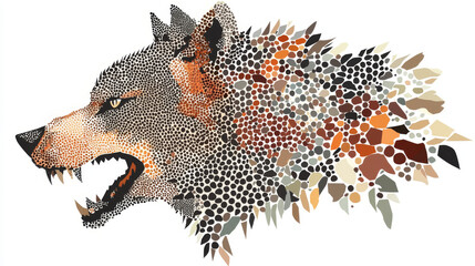 Obraz premium Composition of ragged pieces in various sizes and color tints, based on a werewolf icon. Vector collage made from unequal pieces, featuring werewolf icons arranged with a dotted pattern.