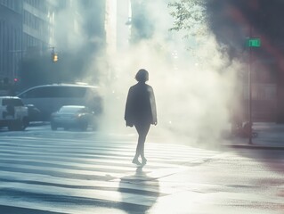 Fototapeta premium Mindful walking practice in an urban environment, where a person navigates the streets with full awareness of their steps, breath, and surroundings.