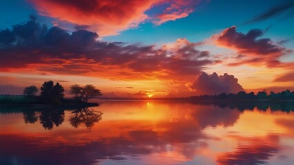 Fototapeta premium A breathtaking dreamy landscape featuring a vivid sunset, colorful sky reflecting on water, and surreal clouds, creating a vibrant, ethereal atmosphere of tranquility.