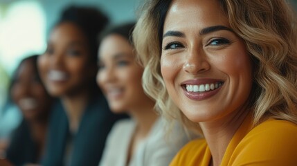 Fototapeta premium A close-up portrait of a smiling woman in a yellow sweater, with two other women smiling in the background.