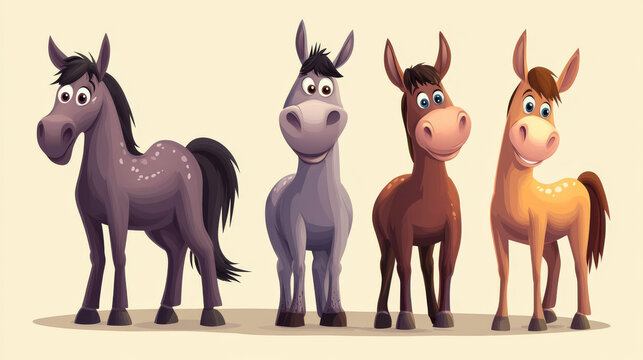 Cartoon vector characters of animals including a horse, stallion, pony, and donkey