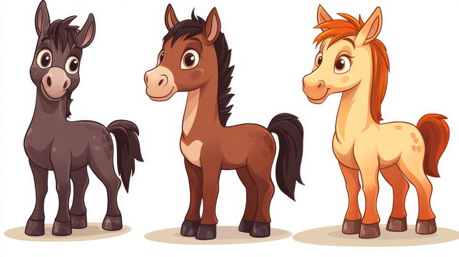Cartoon vector characters of animals including a horse, stallion, pony, and donkey